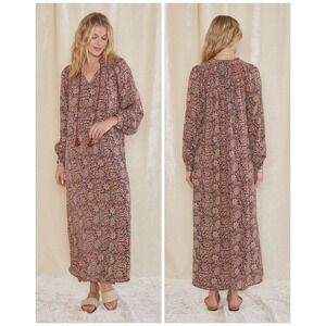 RAGA Anaka L/S Maxi Dress Women M Rust Floral Boho Tassel Long Sleeve Viscose